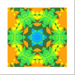 Retro Mandala Flower Blue Yellow and Green Posters and Art